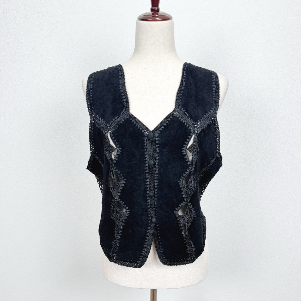 Vtg YingYing of Nevada Vest Womens M Black Leather Crochet‎ Whimsigoth Western